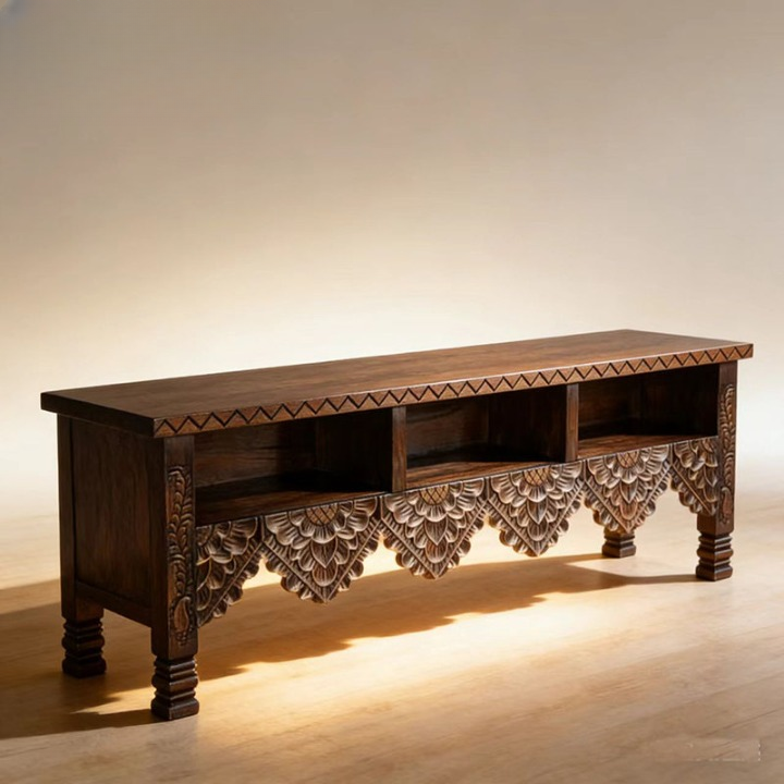 Hand-Carved Solid Wood TV Stand, Low Media Console with 3 Open Storage Shelves, Floral Carved Apron and Sculpted Legs for Living Room, Bedroom or Entertainment Area