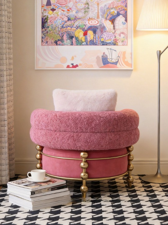 Pink Accent Chair with Faux Fur Arms and Gold Metal Base
