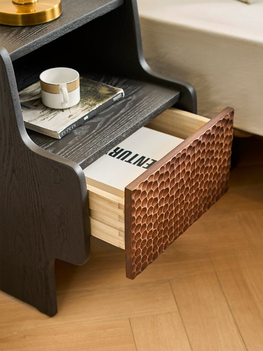 Solid Ash Wood Nightstand with Drawer and Open Shelf, Vintage Brown Bedside Table