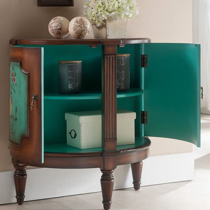 Brown and Blue Solid Wood Half Round Accent Cabinet, Painted Floral 2-Door Entryway Storage Cabinet with Curved Front for Living Room, Hallway, Foyer or Bedroom