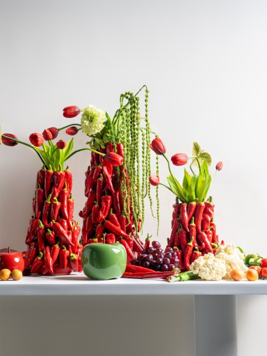 Red Chili Pepper Ceramic Vase Set of 3, Sculptural Tabletop Decor