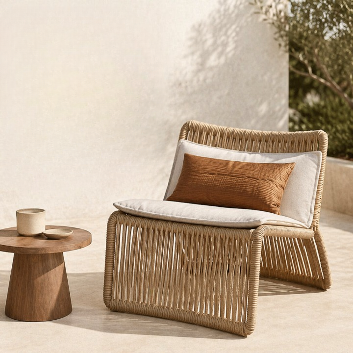 Natural Rope Woven Outdoor Lounge Chair with Cushion