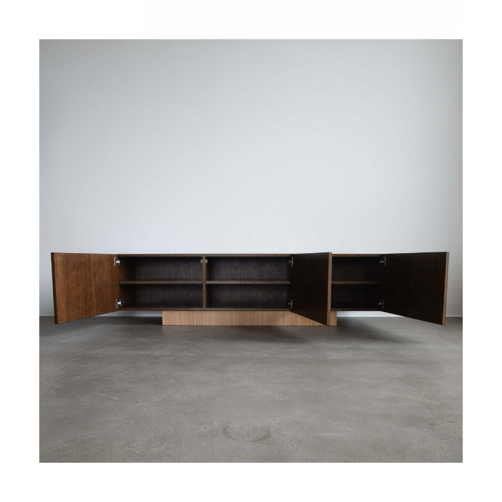 Dark Wood Sideboard Cabinet, 4 Door Storage Credenza with Round Wood Pulls, Wabi Sabi Buffet Cabinet for Dining Room, Living Room, Entryway or Hallway