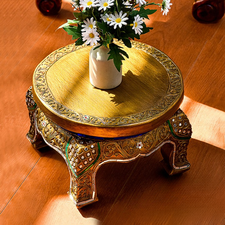Hand-Carved Solid Wood Elephant Stool, Gold-Tone Accent Seat