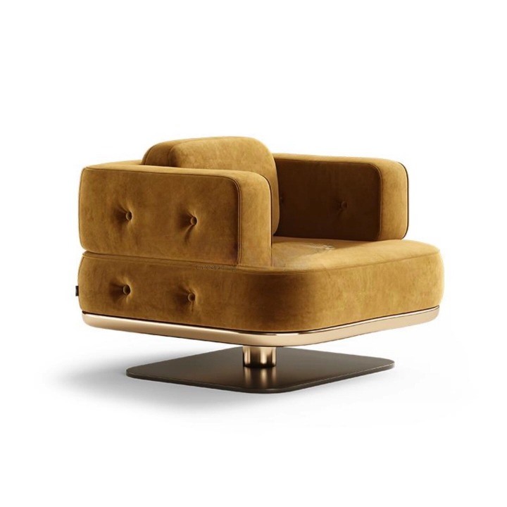 Italian Style Brown Accent Chair, Modern Single Sofa Chair with Rounded Arms, Upholstered Lounge Seat and Metal Pedestal Base for Living Room, Hotel Lobby, Reception Area, Office, Bedroom and Lounge