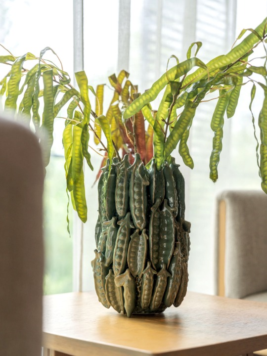 Green Ceramic Pea Pod Vase, Sculptural Flower Vessel for Table Decor