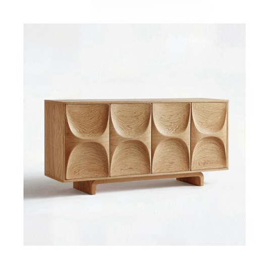 Solid Wood Sideboard Cabinet, Natural Wood Storage Cabinet with Concave Carved Door Fronts, Wabi Sabi Buffet Cabinet for Living Room Dining Room Entryway