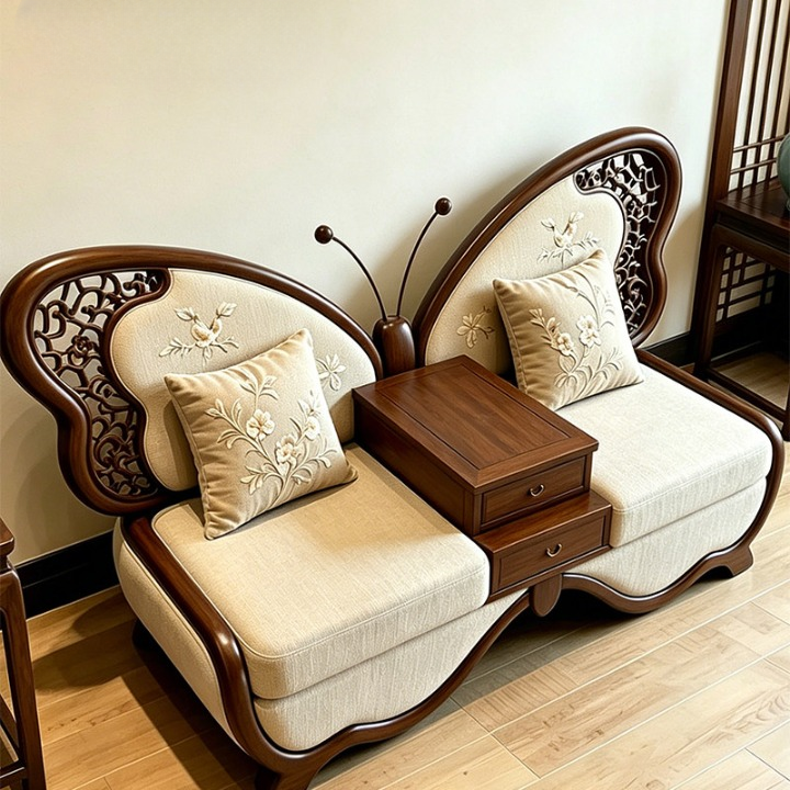 Ash Wood Butterfly Loveseat Sofa with Integrated Storage Table, Upholstered 2 Seat Accent Sofa for Living Room, Reception, Hotel Lounge &amp; Office