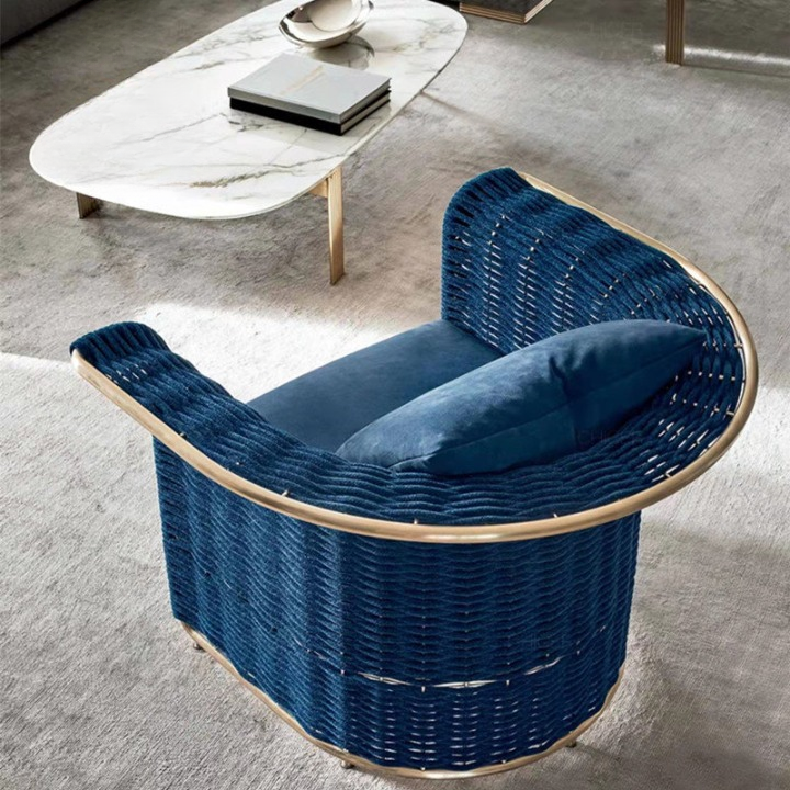 Outdoor Wicker Lounge Chair with Navy Blue Cushions, Handwoven Rattan Style Patio Armchair with Stainless Steel Frame for Garden, Balcony, Porch, Poolside, Living Room and Hotel Lounge