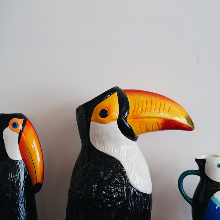 3 Piece Ceramic Bird Vase Set, Hand Painted Toucan Vase and Pitcher Decor