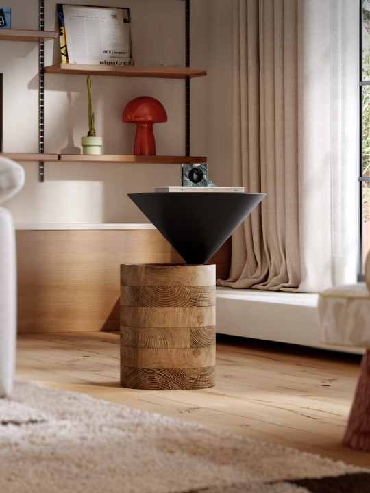 Modern Sculptural Side Table, Wood Cylinder Accent Table with Black Cone Top, Compact End Table for Living Room, Bedroom, Sofa Side, Apartment, Reading Nook, and Small Spaces