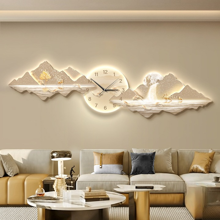 Modern Mountain Wall Clock 39 x 11 Inch, 3D Landscape Wall Art with Deer