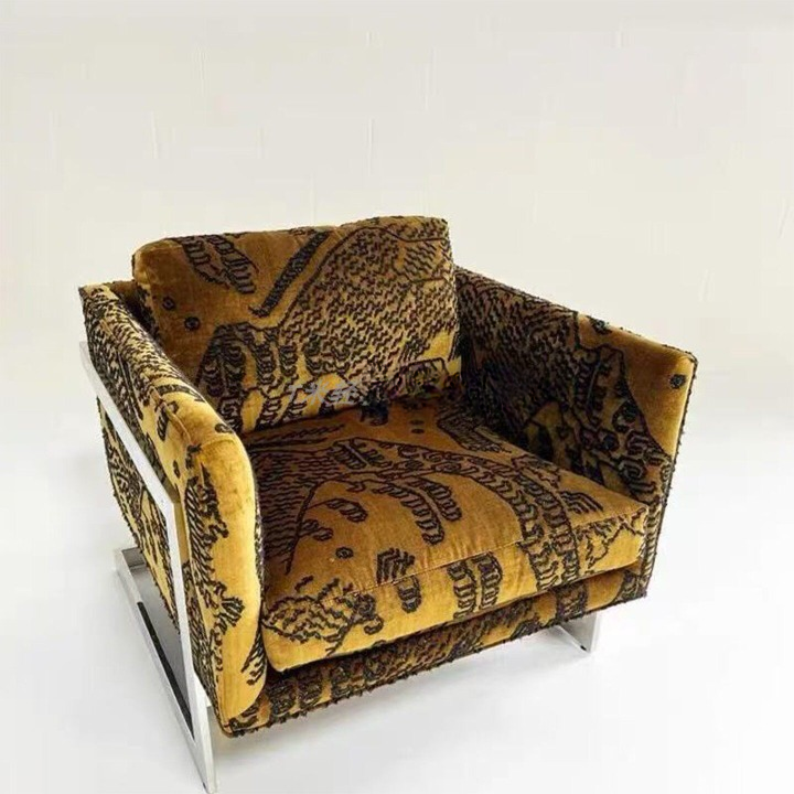 Mustard Yellow Patterned Accent Chair, Modern Upholstered Single Sofa Chair with Stainless Steel Frame, Luxury Lounge Armchair for Living Room, Bedroom, Hotel Lobby, Reception Area