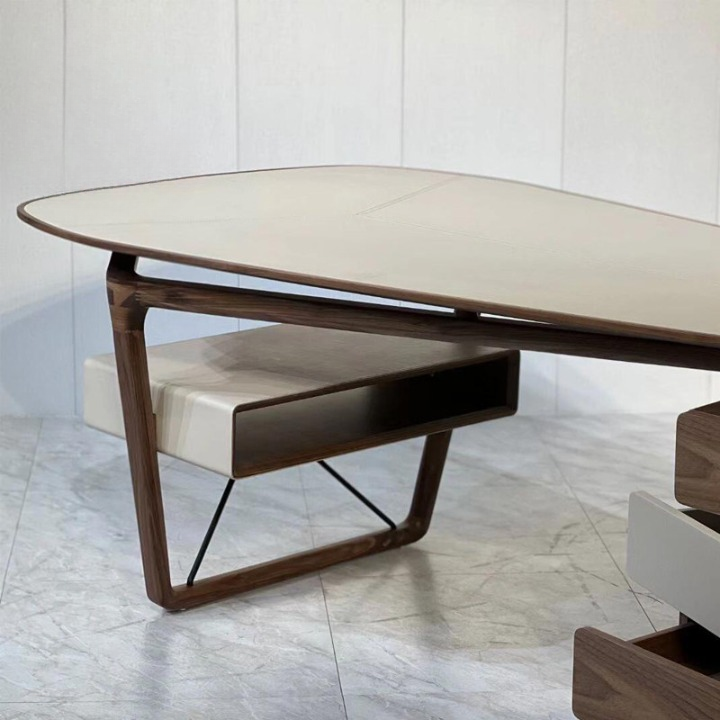 Modern Walnut Executive Desk with Glass Top and Built-In Storage, 78.7 Inch
