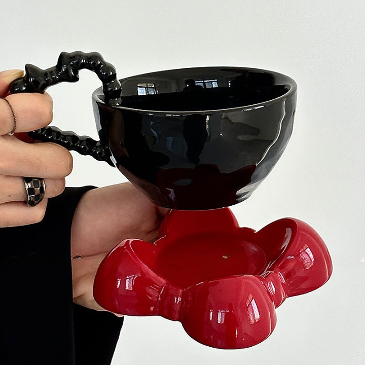 Black Ceramic Coffee Cup with Red Bow Saucer and Spoon Gift Set