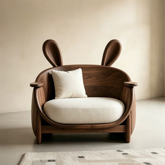 Rabbit Ear Accent Chair with Ash Wood Frame and White Cushion