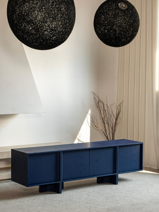 Blue Solid Wood TV Stand, 4 Door Media Console for Living Room