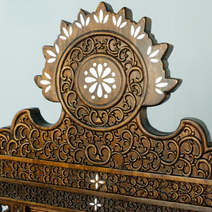Carved Wood High Back Throne Chair with Inlay and Cushion