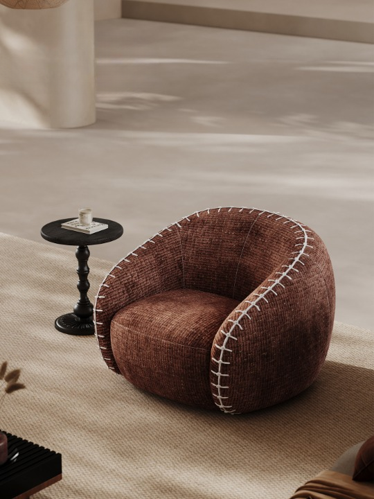 Brown Chenille Accent Chair, Oversized Upholstered Barrel Lounge Chair with Embroidered Stitch Detail for Living Room, Bedroom, Hotel and Reading Corner