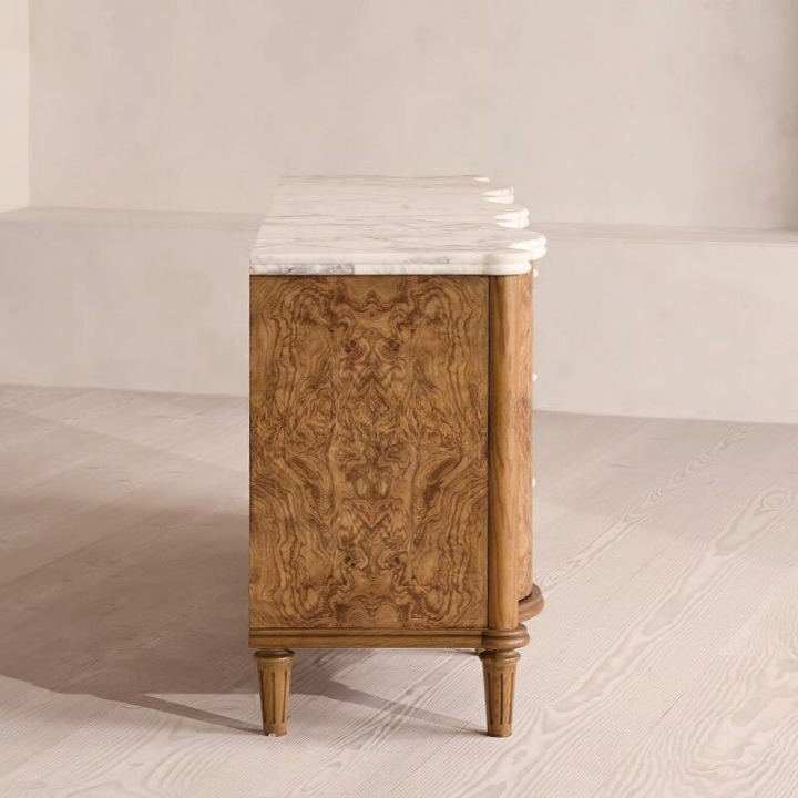 Marble Top Sideboard Buffet Cabinet, Burl Wood Grain Storage Cabinet with Drawers and Doors for Dining Room, Living Room, Entryway, Hotel