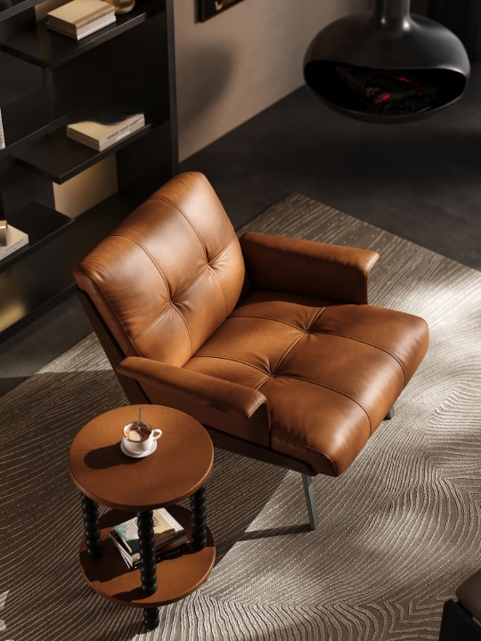 Brown Leather Lounge Chair, Armless Upholstered Accent Chair with Metal Legs, Mid Century Single Sofa Chair for Living Room, Bedroom, Villa and Reading Corner