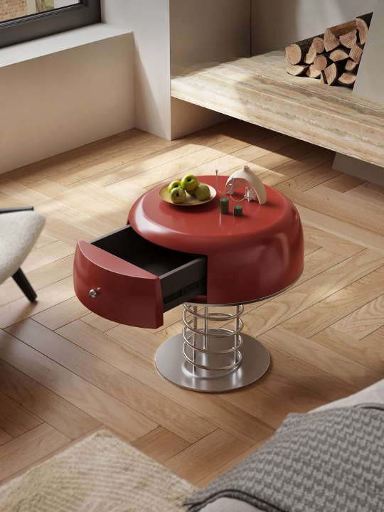 Red Round Nightstand with Drawer, Modern Lacquer Look Bedside Table with Spiral Metal Base, Compact Accent Storage Cabinet for Bedroom, Guest Room, Apartment, Dorm, and Small Spaces