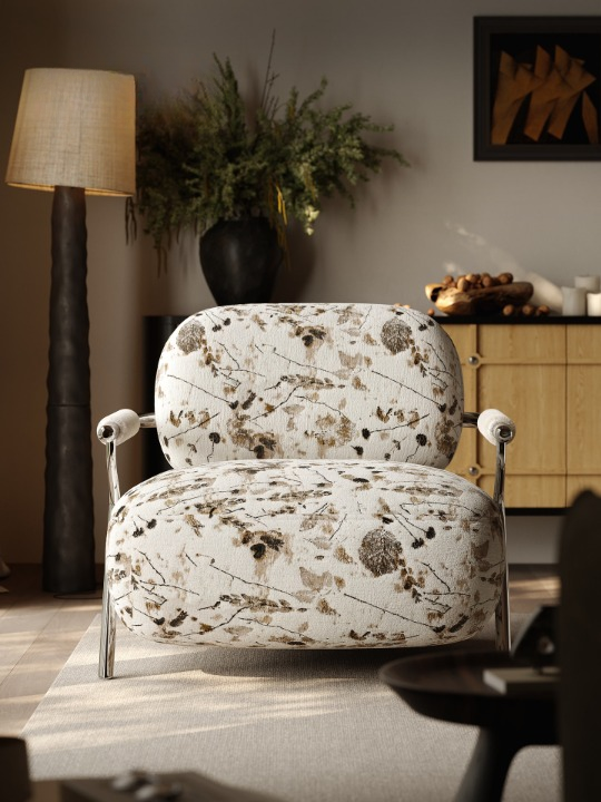 Floral Chenille Accent Chair with Metal Arms, Cream and Brown