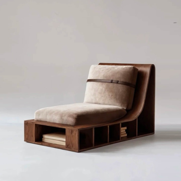 Walnut Brown Wood Storage Accent Chair with Beige Cushions for Reading