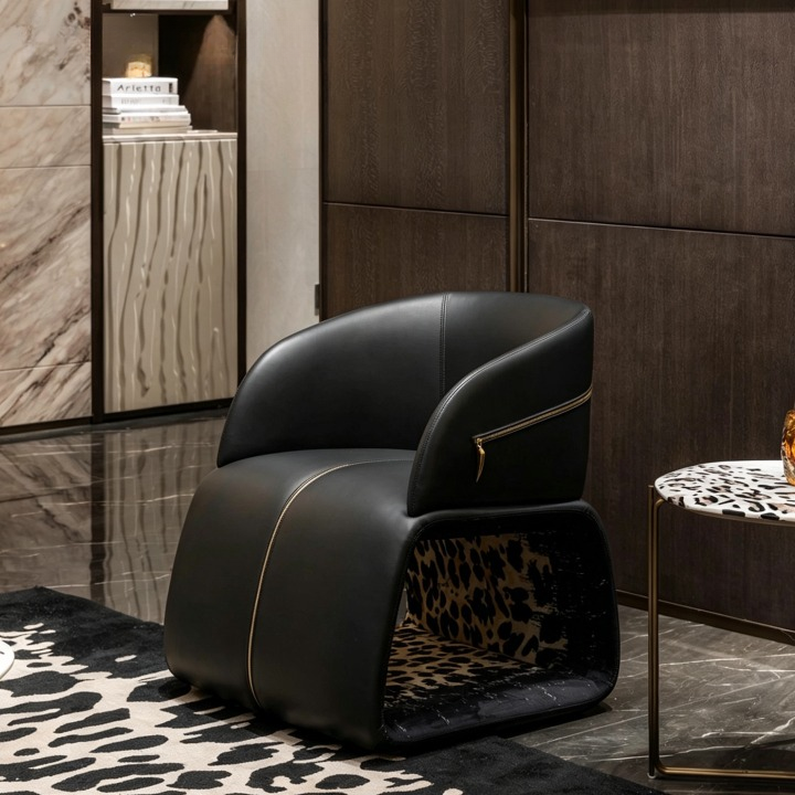 Black Genuine Leather Accent Chair with Leopard Print and Gold Zippers