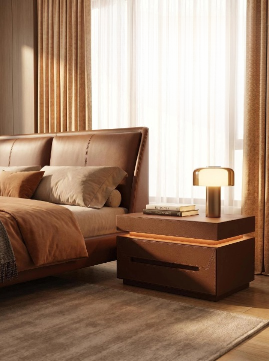 Brown Leather-Wrapped Nightstand with Sensor Light and Drawer