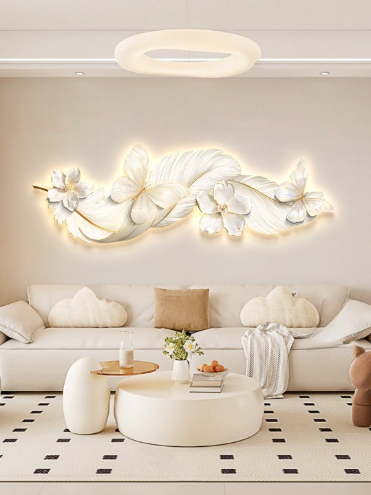 Modern White Floral Wall Art 39 x 14 Inch, 3D Feather Botanical Wall Decor
