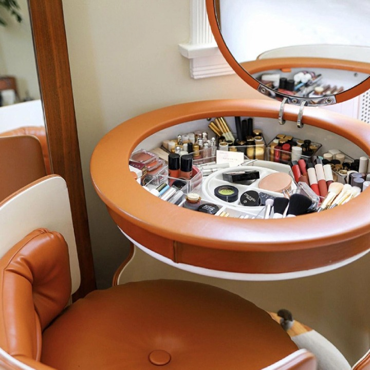 Orange Round Makeup Vanity Set with Mirror Stool Wheels and Storage