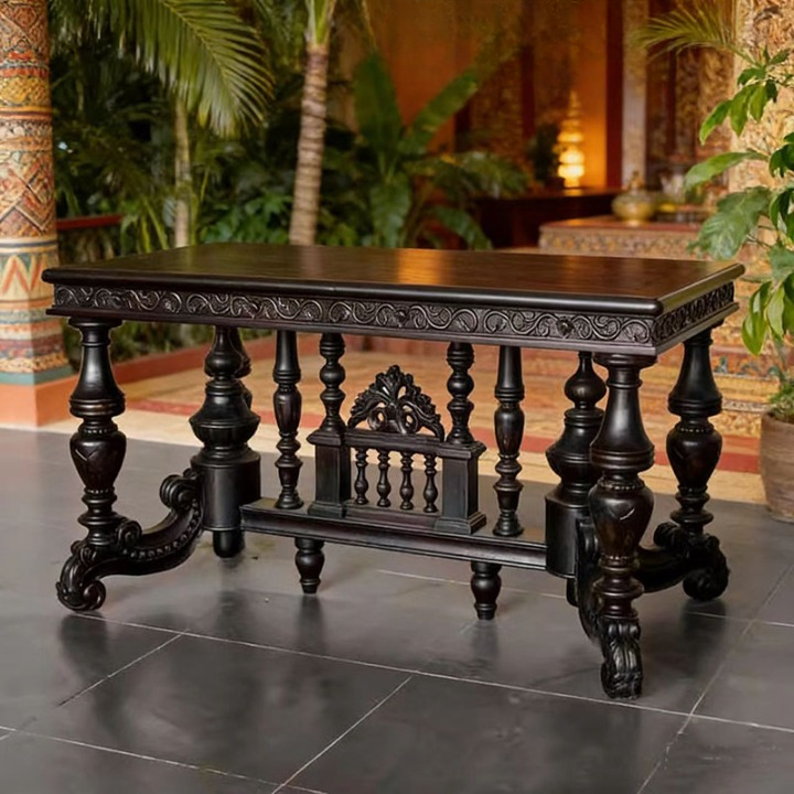 Black Solid Elm Wood Dining Table with Ornate Trestle Base