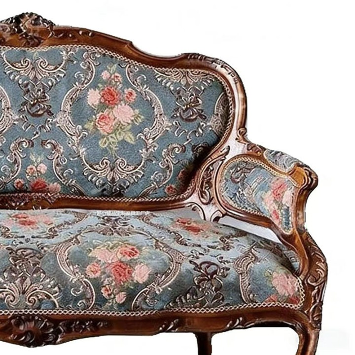 Floral Upholstered 3-Seat Sofa with Carved Solid Wood Frame, Blue