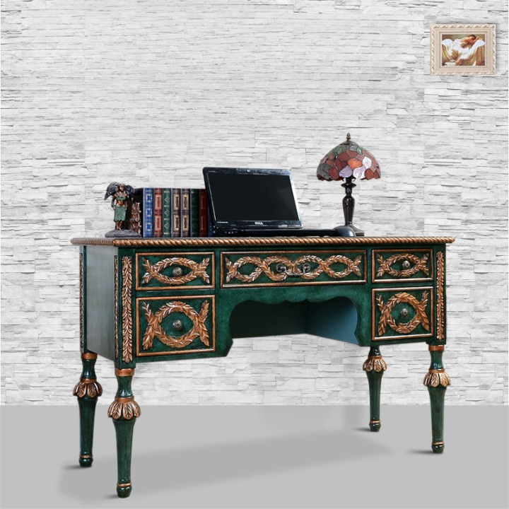 Green Solid Wood Writing Desk with 5 Drawers and Gold Accents