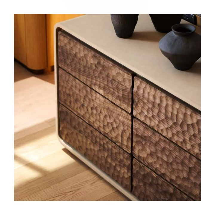 Solid Wood 9 Drawer Dresser, Textured Hammered Front Storage Cabinet, Wabi Sabi Low Chest of Drawers for Bedroom, Living Room, Entryway or Hallway