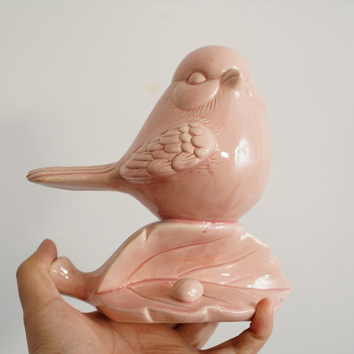 Pink Ceramic Bird Figurine on Leaf, Decorative Tabletop Sculpture, 6.7 Inch