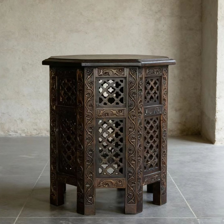 Hand-Carved Solid Wood Side Table, Square Pedestal End Table with Ornate Lattice Panels and Dark Coffee Finish for Living Room, Bedroom or Entryway