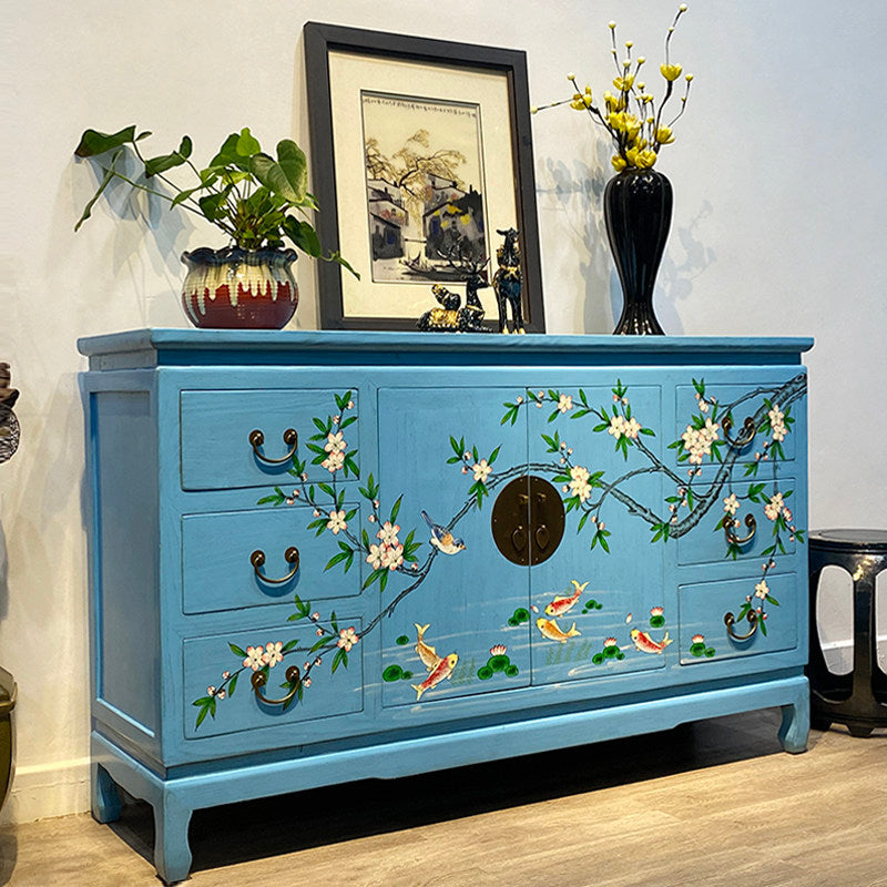 Sky Blue Hand Painted Chinese Style Sideboard Cabinet, Solid Wood Buffet Storage Cabinet with Floral Bird and Fish Design, Dining Room Credenza for Kitchen, Living Room, Entryway, Hallway, and Home Storage