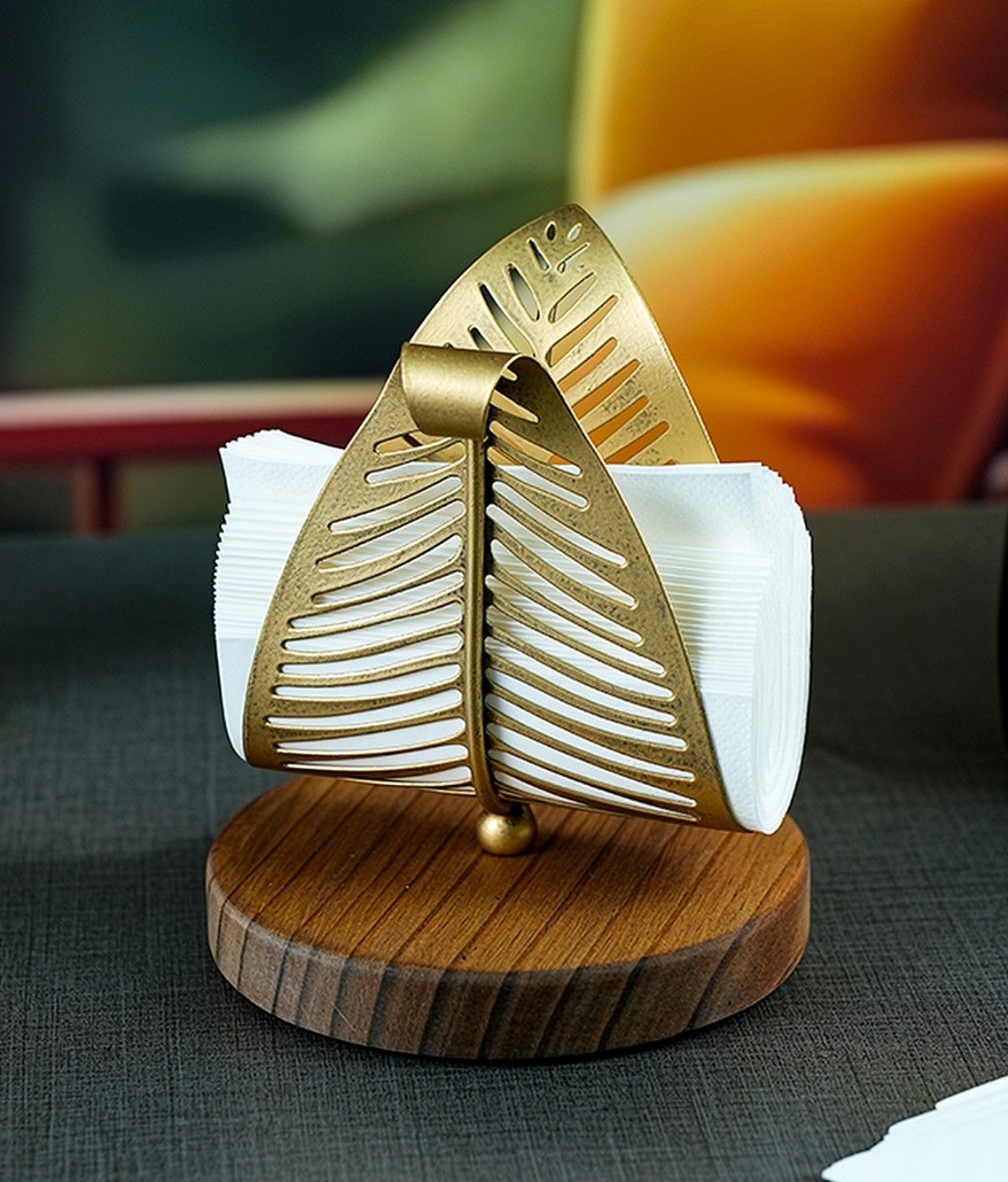 Antique Gold Leaf Napkin Holder with Round Wood Base, 5.7 Inch