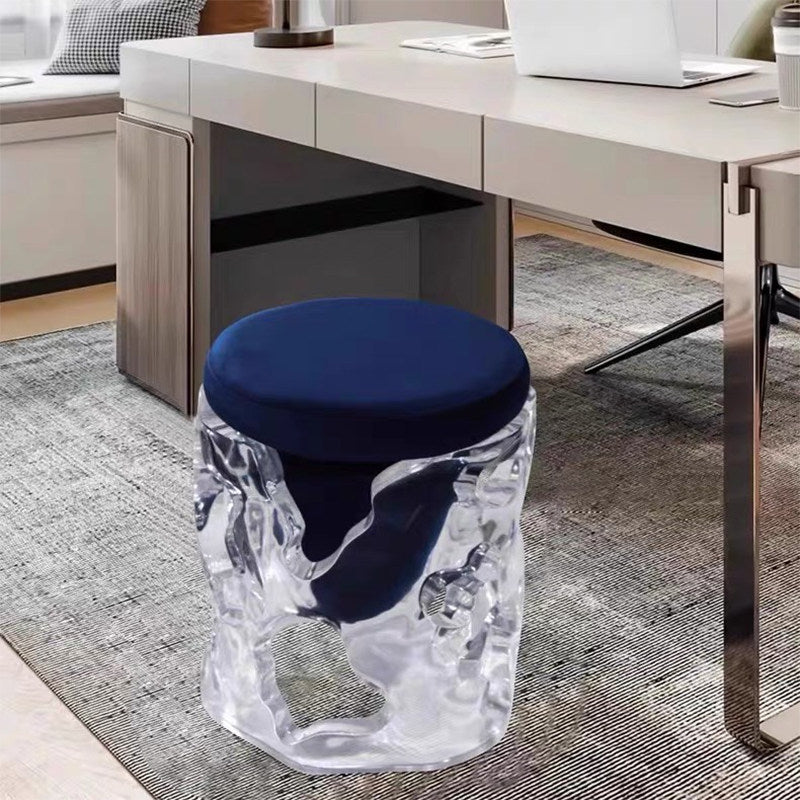 Clear Resin Accent Stool with Navy Blue Cushioned Seat, Sculptural Transparent Round Ottoman with Abstract Cutout Base for Living Room, Tea Room, Bedroom, Vanity and Reading Corner