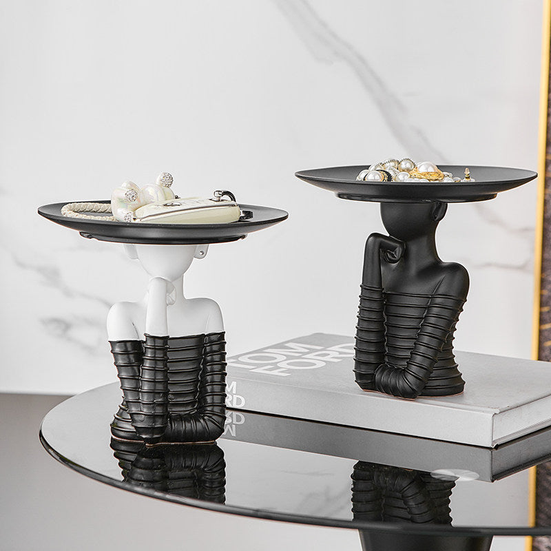 Black and White Abstract Woman Figurine Tray, Modern Resin Jewelry Holder and Catchall Organizer for Keys, Rings, Perfume, Vanity, Entryway Console, Bedroom and Living Room Décor
