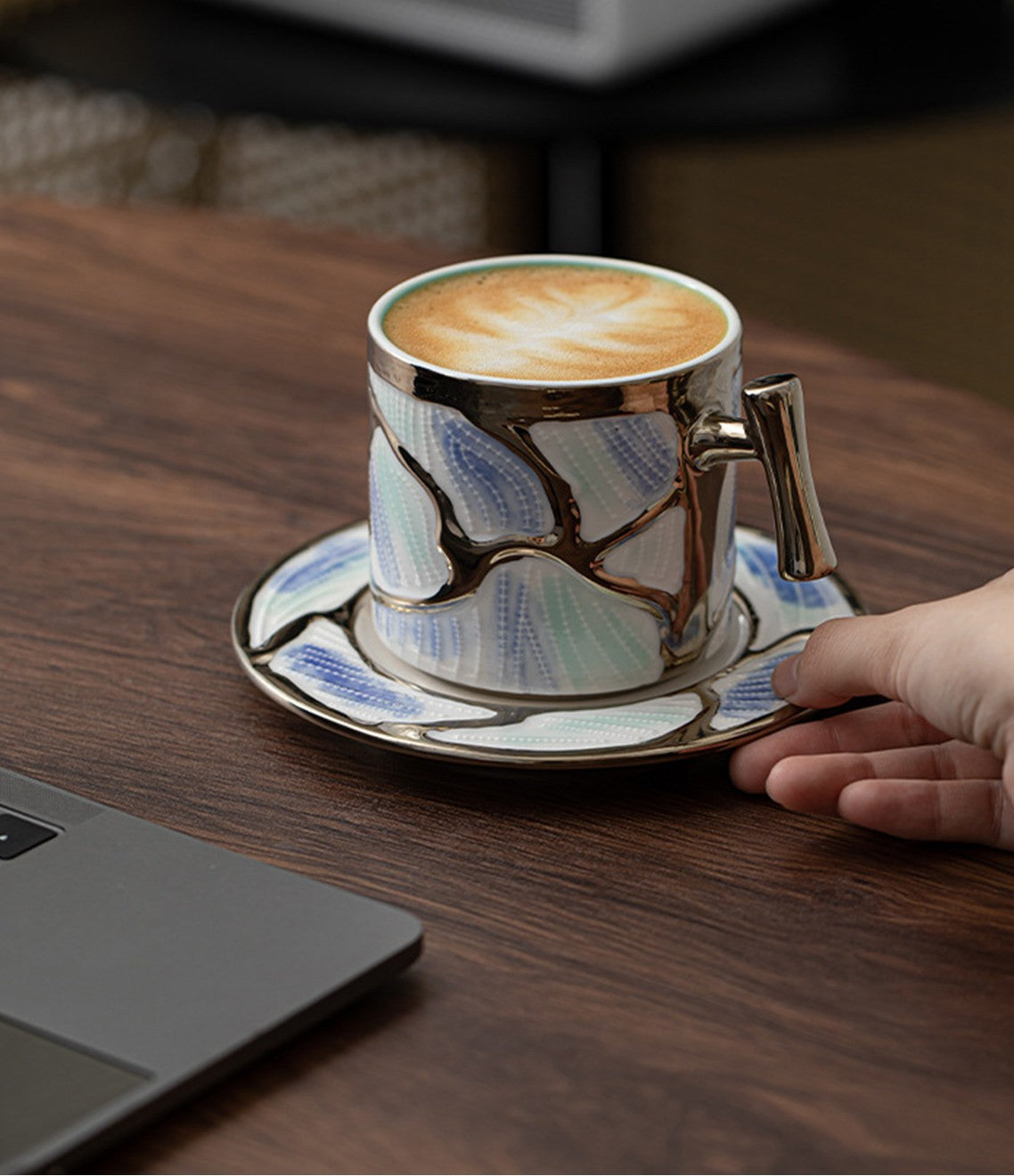 Modern Metallic Ceramic Coffee Cup and Saucer Set with Wood-Look Handle, 11 oz Espresso Latte Mug for Cappuccino, Tea, Hot Chocolate and Everyday Use