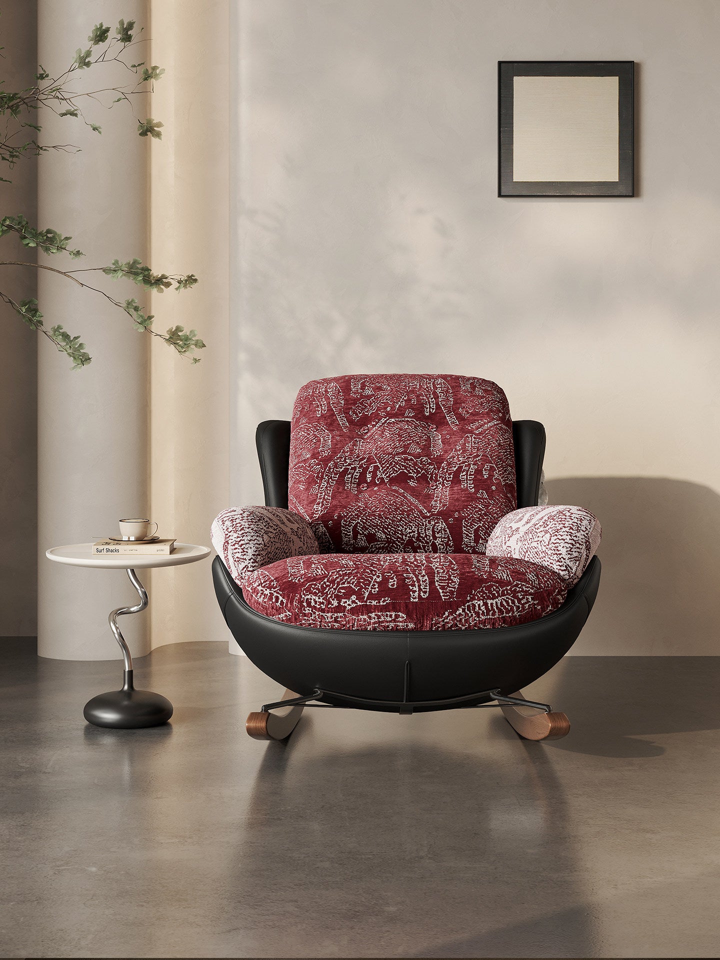 Red Patterned Rocking Chair with Wood Runners and Cushioned Seat