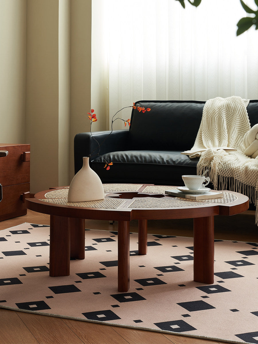 Walnut Solid Wood and Rattan Round Coffee Table for Living Room