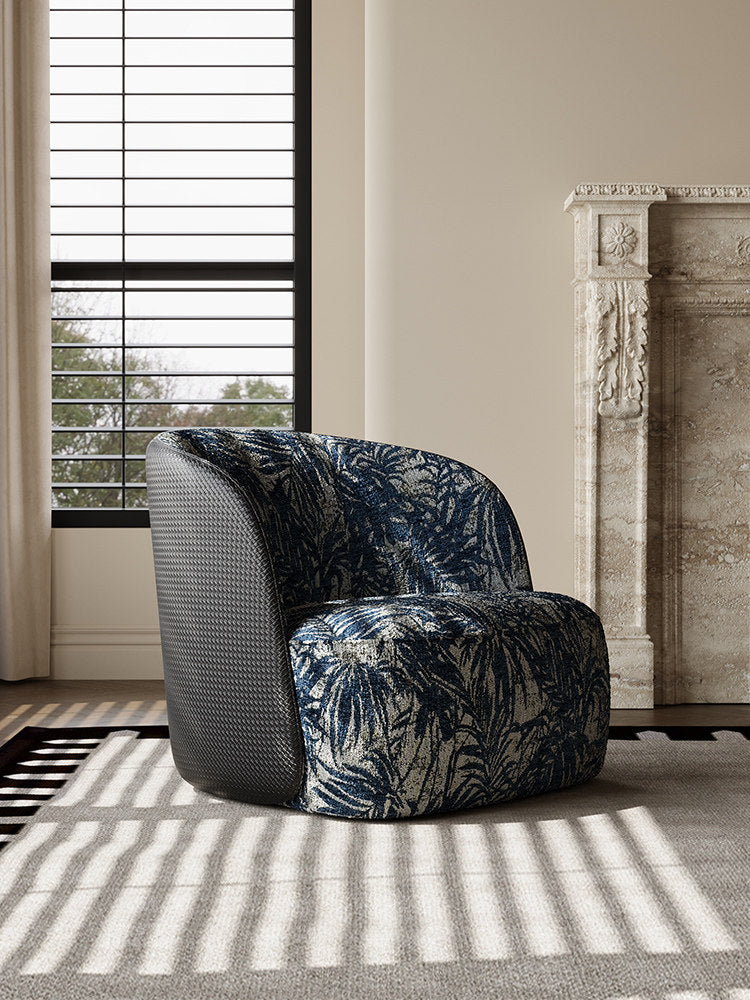 Green Leaf Print Accent Chair, Upholstered Barrel Lounge Chair with Woven Side Panel for Living Room, Bedroom, Balcony, Hotel and Reading Nook