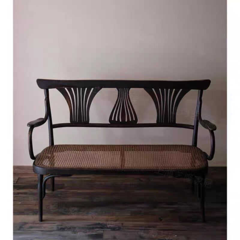 Dark Wood Cane Loveseat Bench with Fan Back and Arms
