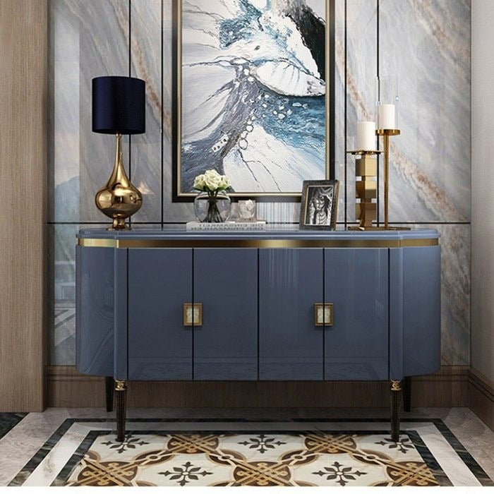 Blue Gray 4-Door Sideboard Cabinet with Gold Accents and Curved Ends