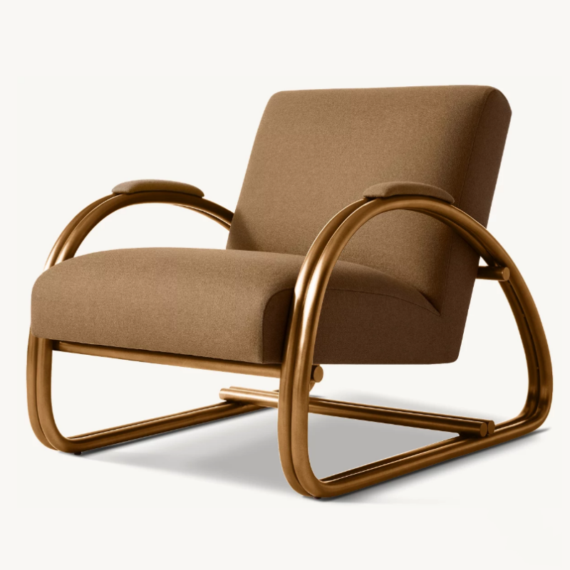 Brown Upholstered Accent Chair, Deep Lounge Armchair with Curved Bronze-Tone Frame for Living Room, Hotel, Villa, Bedroom, Reception Seating