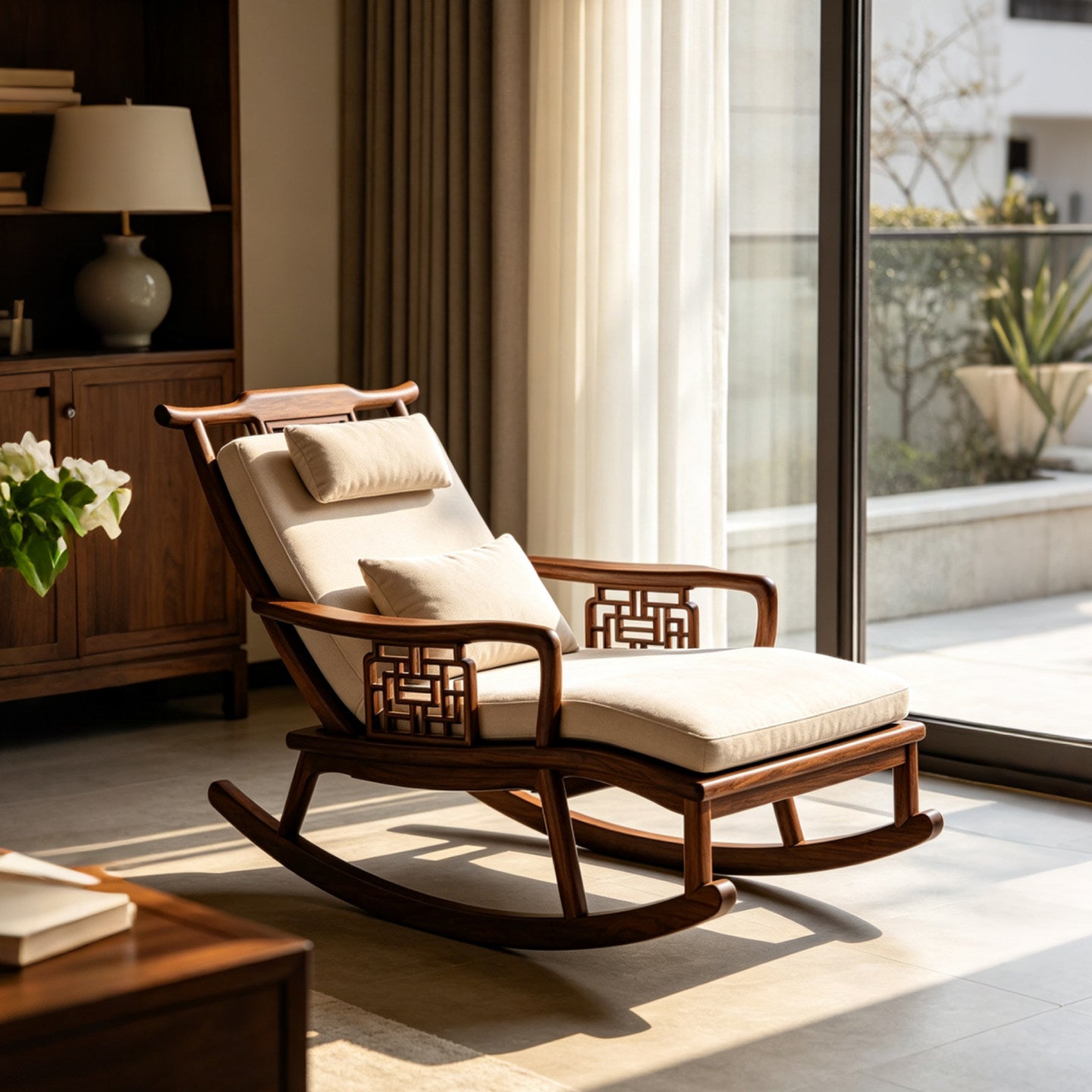 51-Inch Solid Ash Wood Chaise Rocking Chair with Cushions